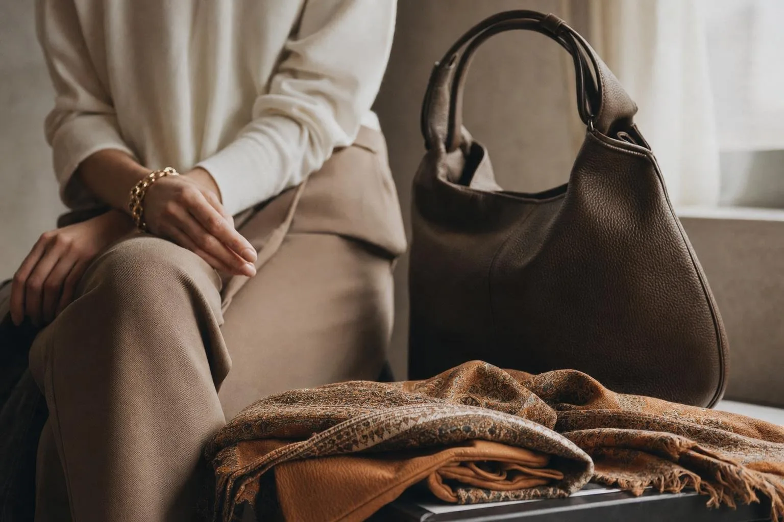 Accessories flat lay of leather bags and silk scarves on a neutral studio backdrop